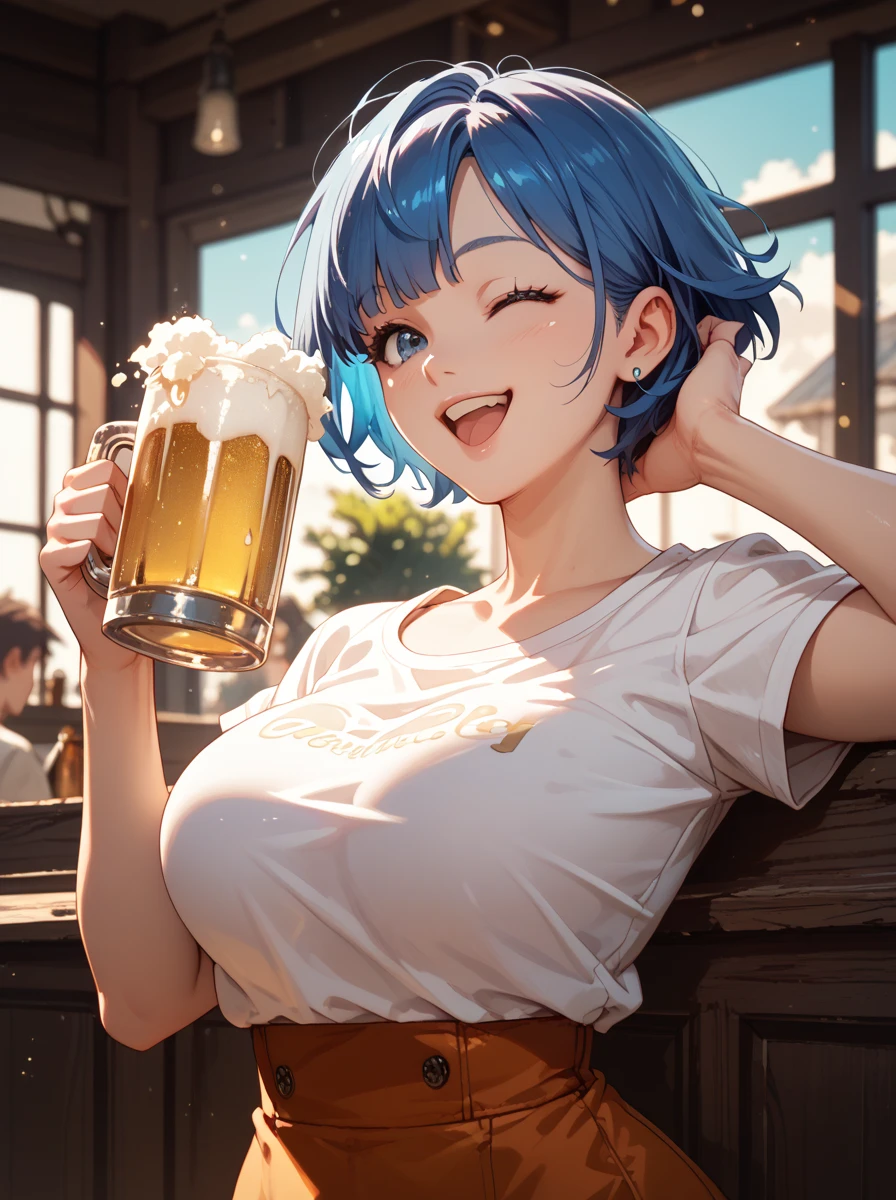 (Top quality illustrations:1.2), (pretty girl:1.1), (1 girl、17 years old), (1 girl、smile)、Big eyes、Bright blue hair、Short Bob Hair、German beer hall、The bar girl、Dirndl、One piece with frills、Long skirt、Beautiful breasts、Cowboy Shot