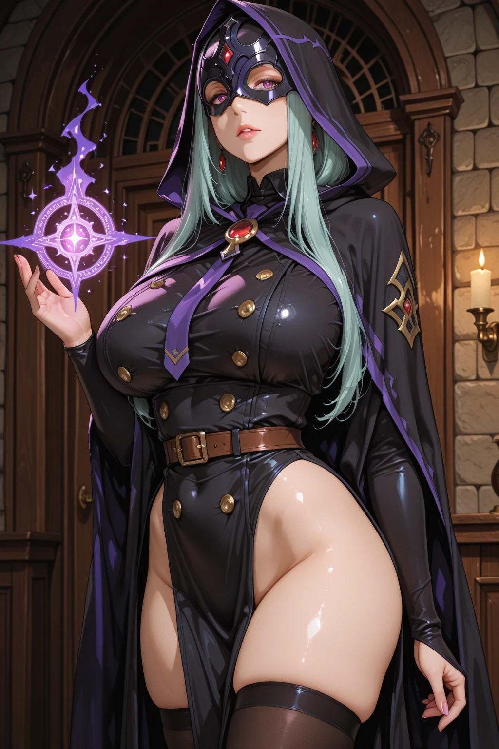 1 woman, cute witch, (skimpy clothes:1.3), frowning, round glasses, cloak, (massive breasts), detailed eyes, detailed background, looking in mirror, (reflection in the mirror:1.1), (self reflection in mirror:1.3), alchemy lab, high resolution, very detailed, vibrant, goddess, natural lighting, (breasts bulge:1.3), (cameltoe:1.2).