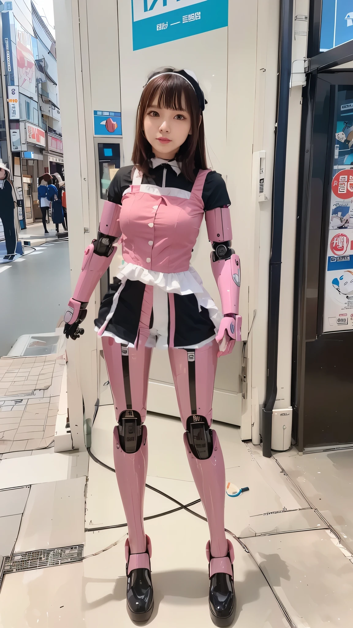 promo photo, waitresses, Gothic Lolita half costume and maid costume, Clothes based on white and pink, robot