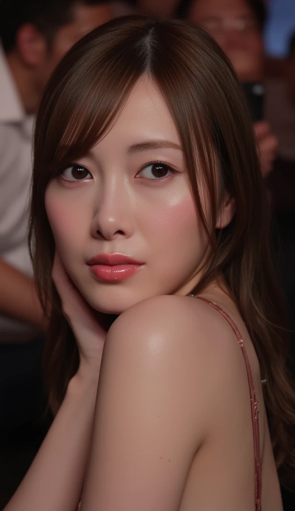 (Highest quality、8k、Award-winning works、Ultra-high resolution)、One beautiful woman、(Wearing a shiny tight swimsuit)、(blonde:1.1)、Bright color contacts、Perfect Makeup、Bright and shiny lipstick、(Very heavy makeup:1.2)、(Deep pink around the eyes:1.1)、Beautiful bright eyeshadow、Heavy makeup around the eyes、(Huge breasts:1.2)、very long wavy hair、(Romantic affection:1.1)、The best smile he had when he saw me、(Many of them emphasize the body line...:1.1)、(Strongly blurred vibrant Harajuku city background:1.1)、(Strongly blurred background:1.1)、Accurate anatomy、(Ultra-high resolutionの完璧な美しい歯:1.1)、Ultra-high definition beauty face、Ultra HD Hair、Ultra HD Shining Eyes、輝くUltra-high resolutionの美肌、Ultra-high resolutionの艶やかな唇, Very detailed, Nose and mouth,Face Focus, Extreme close up of face,Shiny lips with noticeable lip wrinkles,Perfect Lips