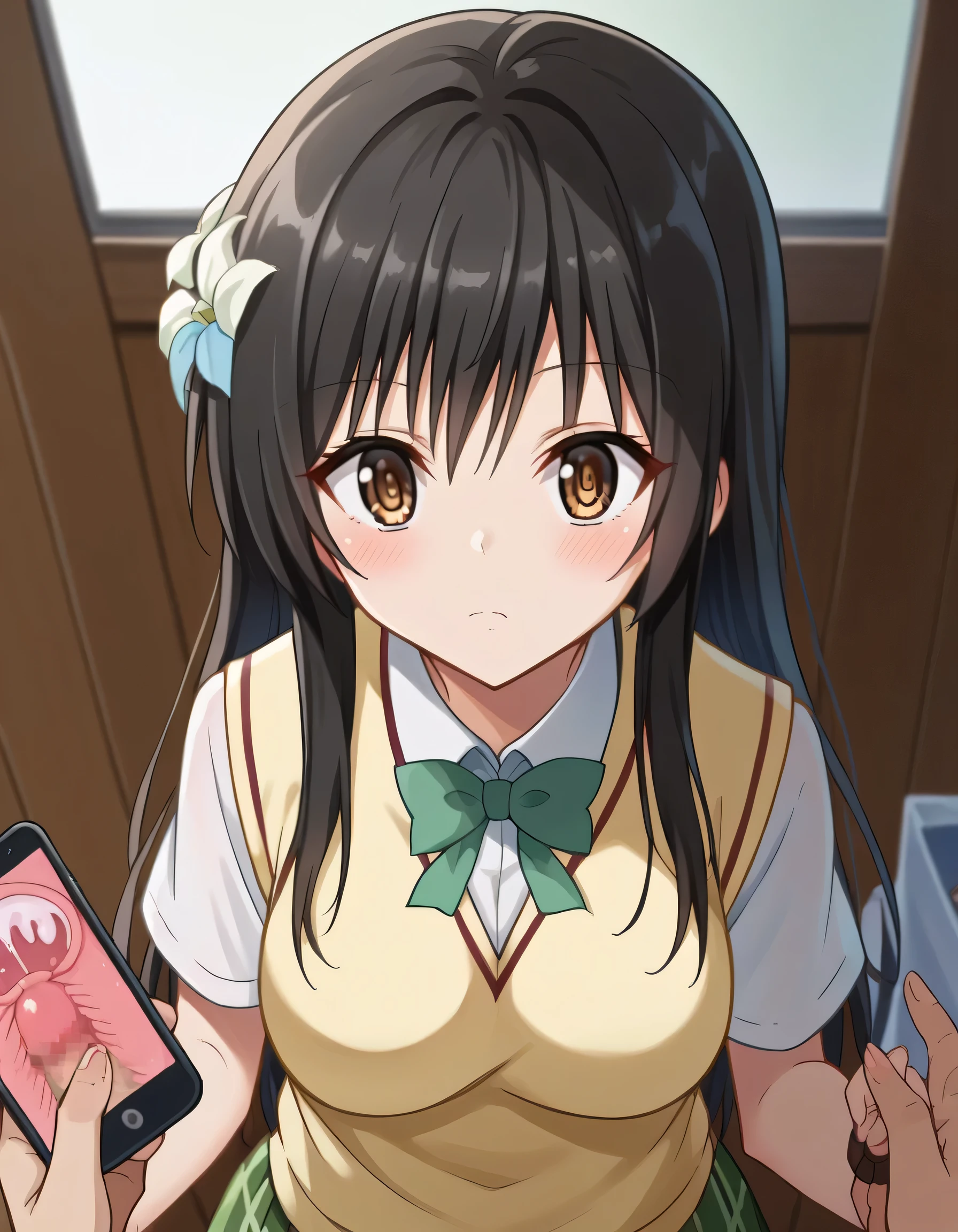 score_9, score_8_up, score_7_up, Source_Anime,
Yuki Kotegawa,
Kotegawa Yui, black hair, brown eyes, long hair,
green facing the Lumine, plaid, plaid facing the Lumine, sainan high school uniform, school uniform, facing the Lumine, sweater vest, YELLOW SWEATER, Short sleeve,
Indoor,Watch Viewers,x-ray cell phone, POV Hands, phone that transduces a vagina, smartphone,See bottom,Disconnect,Cross-sectional view,Uterus,from above,