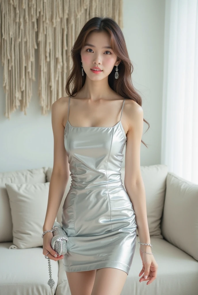 (best quality, 4k ,8k, highres, masterpiece:1.2), ultra-detailed, (realistic, photorealistic, photo-realistic:1.37), closeup, beautiful Thai woman, beautiful smile, beautiful makeup, platinum blonde hair, fair skin, slender figure, elegant posture, wearing large sparkling colorful jewelery, wearing a business style black leather dress, standing in a large shopping mall, gentle sunlight shining through the shopping mall windows, casting a soft glow on her face, adding warmth to the scene, vibrant colors, capturing the essence of vibrant city life, portrait style, showcasing her natural beauty and grace in a feminine way