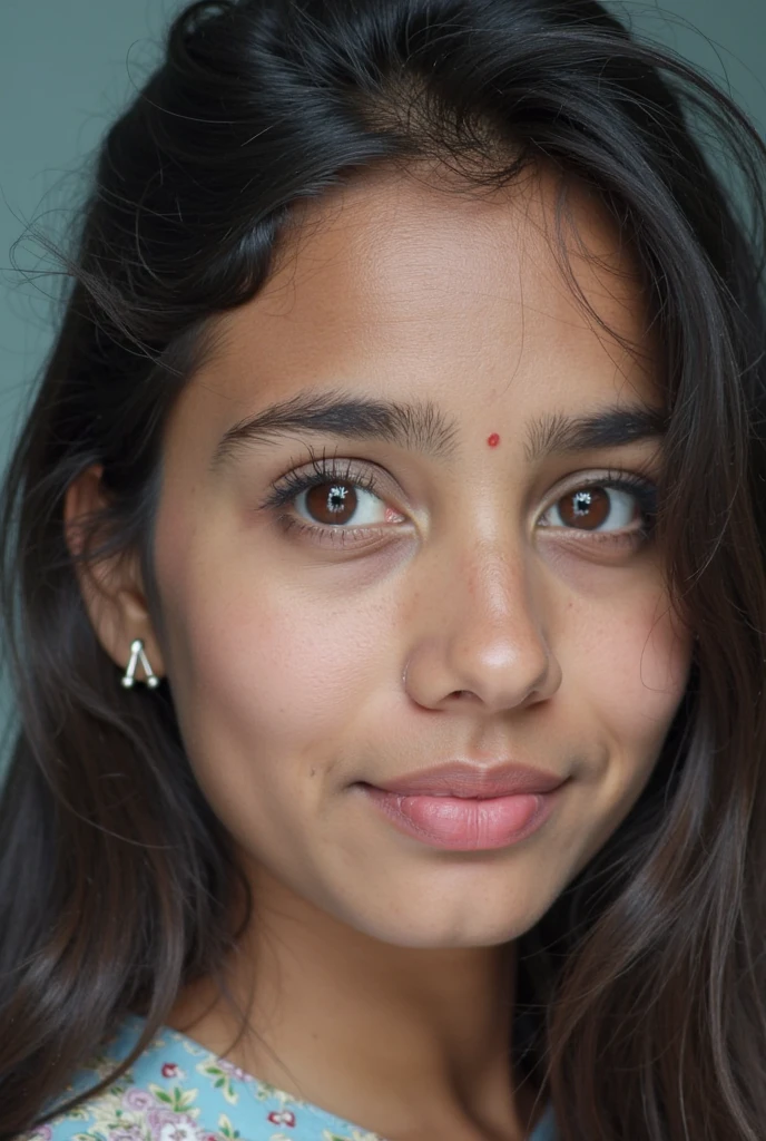 best quality, face focus, soft light, ultra high res, (photorealistic:1.4), RAW photo, 1 Indian girl name Manisha, (pupil, lights in the eyes), detailed beautiful face, (big breast),(high resolution detail of human skin texture), (long hair), indoor, Damask Shirt Dress buttons open, cleavage, breast visible.