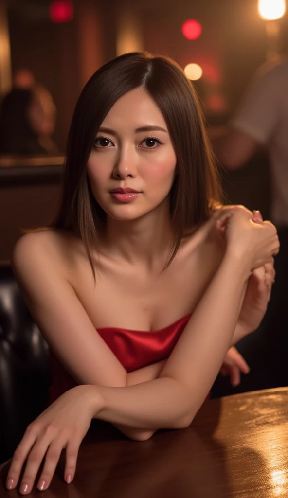 profile , 1 girl, mature female, solo , Japanese girl ,(Brown hair, middle hair, fringe, serious, Red dress, gold reckless, earring ) ,tramp game is porker, looking cards on table, 1 whiskey glass, gamble, in casino, skill is master ,No 1 of Hong Kong (masterpiece, Highest quality, masterpiece, God-like quality, Godly art, Very realistic)