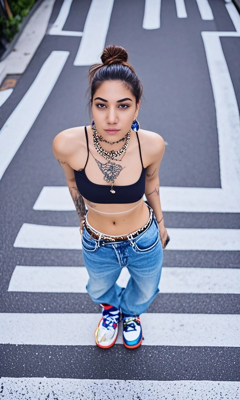 Tattooed gothic brunette girl, naughty and sexy, long dreadlock hair, squatting on the street with legs open, wearing a white top and thin blue panties.