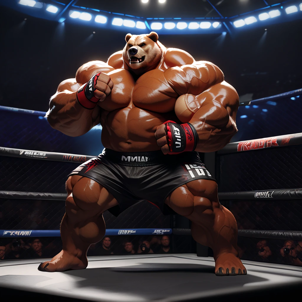 Solo, 1boy, A huge muscular kodiak bear at the UFC MMA Fighting Tournament, big smirk, kodiak bear, huge thick brown fur, thick arms, huge arms. Buzz cut, (huge thick muscular, huge pectoral, wide pectoral, thick arms, big paws, thick neck), bulky, bulk, bulking, hulking, 1000 pounds of more muscles to his body, correct anatomy, veins all over the body and neck, caged arena, fighting ring, realistic, 8k, masterpiece, added grayish eyebrows, detailed eyes with brown pupils, (wearing black mixed martial arts short pants with red slits, mixed martial art fingerless gloves with red pads, black toeless footwear and shirtless and topless) Champion