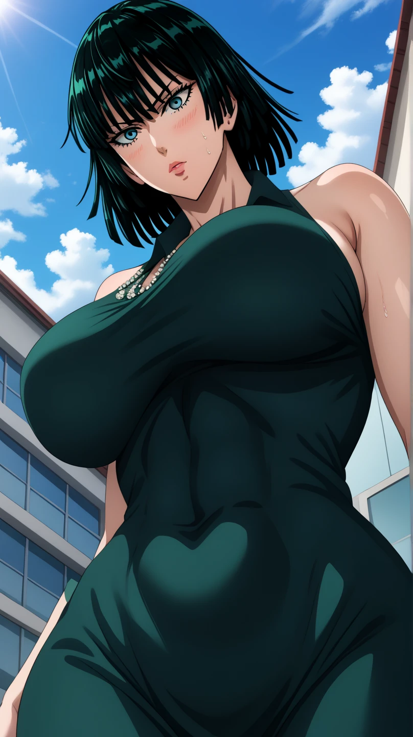 a beautiful anime girl with huge breasts, Maki Zenin | Jujutsu Kaisen, highly detailed, 3D render, masterpiece, photorealistic, hyper realistic, extremely detailed, cinematic lighting, vivid colors, soft lighting, realistic textures, delicate features, elegant expression, dynamic pose, beautiful background scenery, nude
