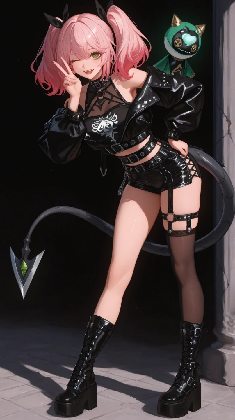 masterpiece,best quality,1girl,right hand in waist,azur lane al azuma,\(herrscher of finality\),solo,full body,pale skin,black hair,full body,full body black swinsuit,+ +,tight black collant,(((big breasts))),closed mouth,((serious expression)),bronze high heels, (((holding a great black axe))), three floating black skulls engulfed in green fire, ((fantasy character)), anime character sheet