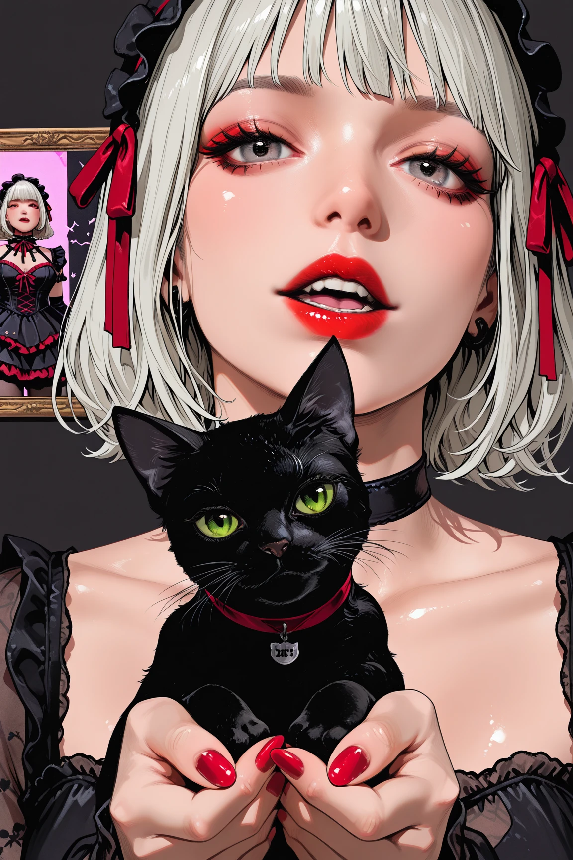  Illustration of a black cat,put the black cat in the center of the screen,put a choker on the black cat, ,holds a black cat,place the black cat in the center of the screen,gothic black cat close-up {x} women can see through the camera、only hands are shown,feminine gothic aesthetics ,  Vivid details,  Artilove blow style   , ,  close-up photo , photorealistic  ,  very detailed,black hairｋｉｋｉThe red ribbon /(highest masterpiece/top quality/high resolution)moisturized red lips/“shiny skin” nails/close his mouth//