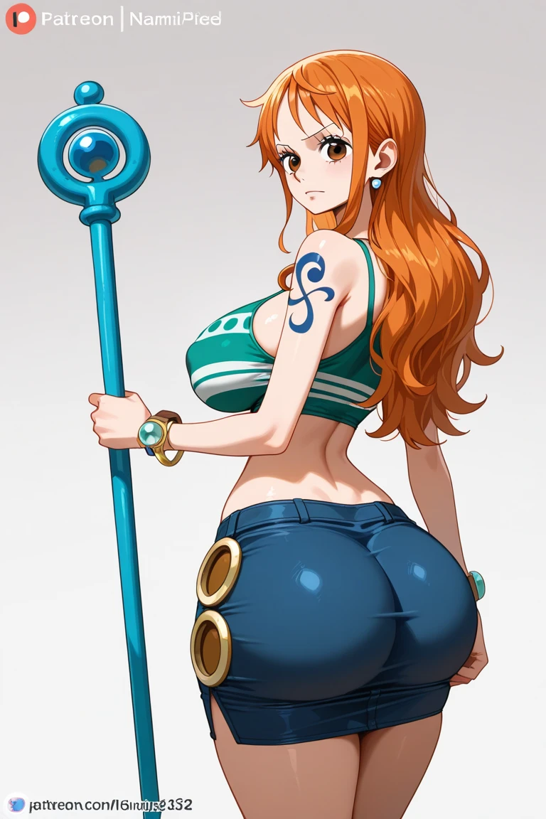 A sexy woman, sensual, beautiful beauty, big breast, short orange hair, squares her brown eye, wearing a green bra and dark green metallic pants, green heels, and a yellow glove.