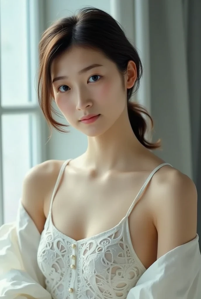 Beautiful 23 year old woman。she is wearing a satin camisole。Lace on the chest and hem.。She looks ecstatic as if she had an orgasm during sex..。her dark brown hair、、her hair is long。High resolution、masterpiece、highest quality、Head w:1.0、((Hasselblad Photos))、fine skin、fine knit、(movie lighting)、clavicle . she has her eyes closed but is smiling.