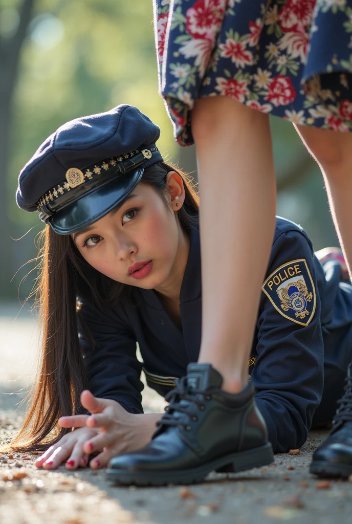 beautiful illustrations、highest quality、ultra high resolution、Professional specifications、(((Only one elementary school student))、light blue school sailor uniform、very short skirt、((Police Officer Cap))、short sleeve、'face、(on all fours: 1.3)、Crouch start、adult man riding on back