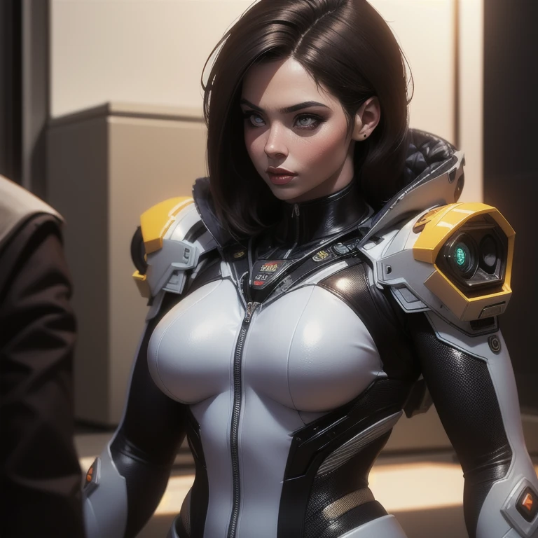 um close de uma mulher com fones de ouvido e vestindo um terno, linda garota branca ciborgue, ciborgue - garota com cabelo prateado, cute garota ciborgue, 8k 3D rendering character art, linda garota ciborgue, beautiful female android, garota ciborgue, perfect android girl, beautiful android woman, em armadura futurista branca, girl with mecha cybernetic armor, linda ciborgue feminina