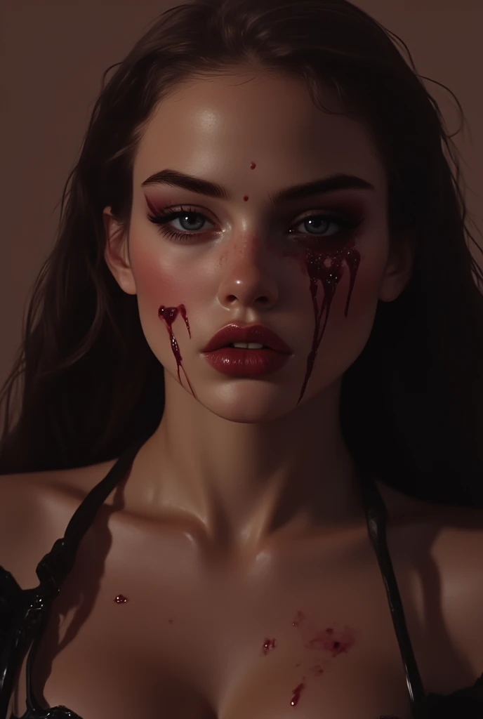 portrait, cannibal woman addicted to sex, protruding tongue, red tribal tattoo, dripping blood, bloody face