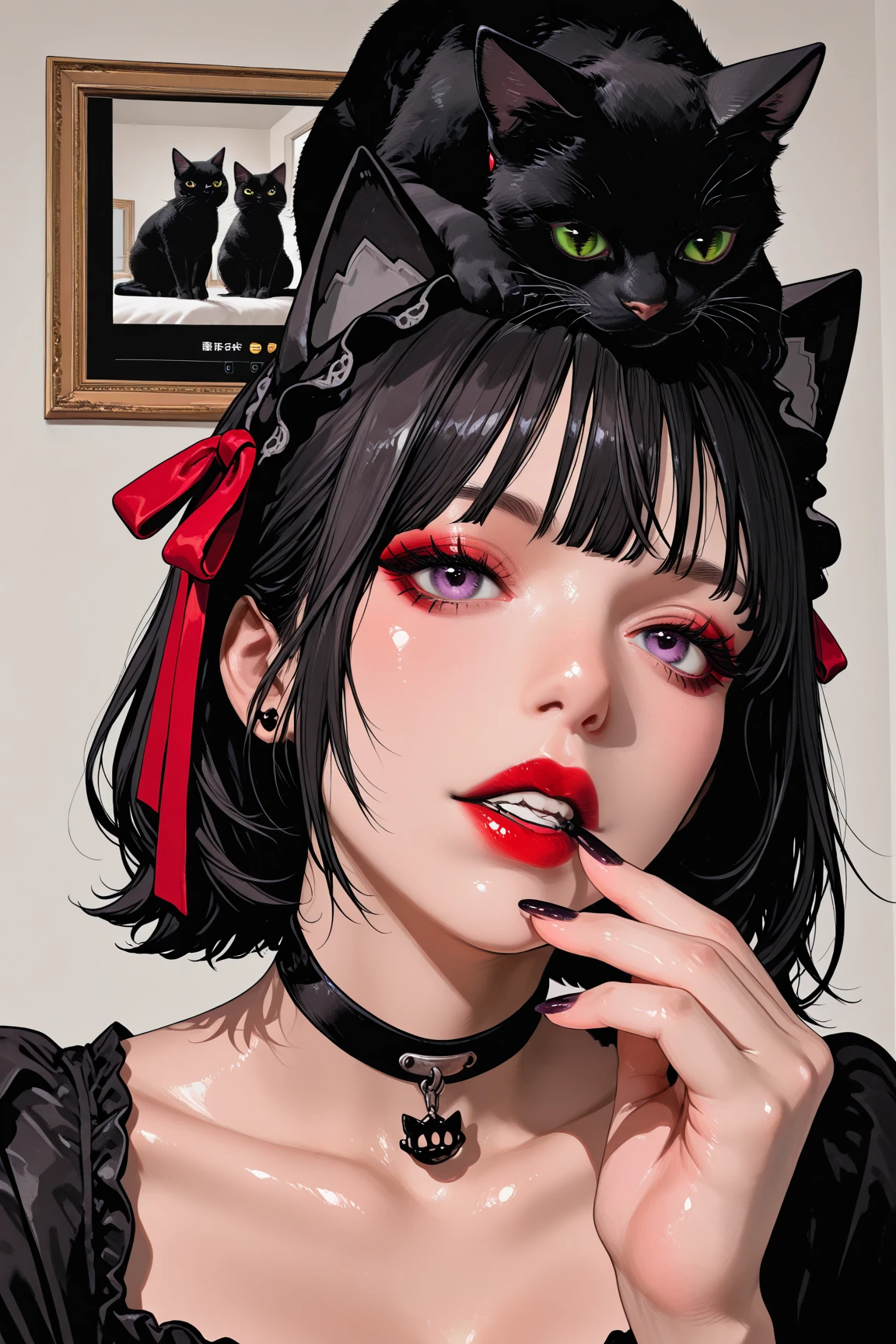  Illustration of a black cat,put the black cat in the center of the screen,put a choker on the black cat, ,holds a black cat,place the black cat in the center of the screen,women can be seen through the camera、only hands are shown,feminine gothic aesthetics ,  Vivid details,  Artilove blow style   , ,  close-up photo , photorealistic  ,  very detailed,black hairｋｉｋｉThe red ribbon /(highest masterpiece/top quality/high resolution)moisturized red lips/“shiny skin” nails/close his mouth//dark haired/I have a big red ribbon on my head