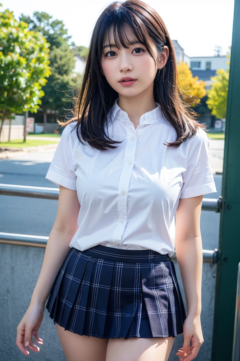 very detailed Cg Unity 8K wallpaper, highest quality, Very detailed, masterpiece, Realistic, photo Realistic, Photograph the whole body from a distance、Very detailed cute 14 year old girl, (((Try lifting the skirt))), (Lift it yourself), Camel toe focus, Natural Makeup、blush, Lips parted, Looking at the audience , Naked pussy line、School blazer uniform、Plaid Pleated Skirt、Ribbon tie、Japan、city、Black short hair ,Thin legs、White skin、((Young junior high school students))