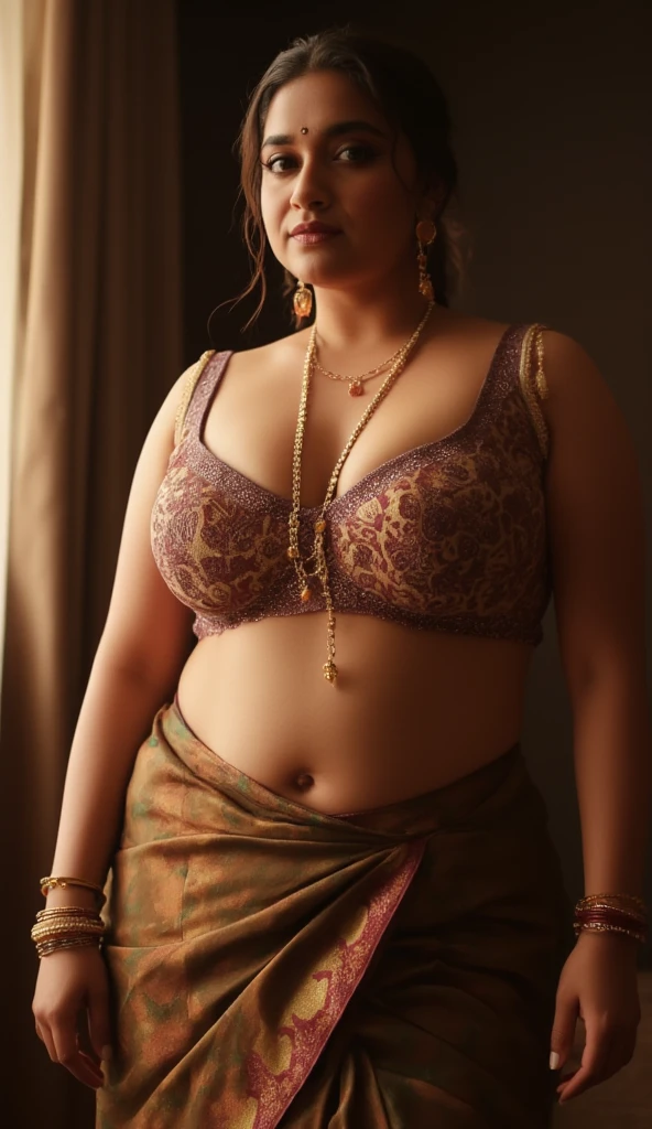 Foto RAW, photorealistic, photography, full body shot, master shot, goddess like beauty, perfect thick chubby mallu Desi aunty bhabhi, Wearing a Bra, No blouse, Large Brest, a chest-band.Saree model, model Photography, Indian saree shoot, Indian traditional wear advertising photography, traditional wear brand shoot, masterpiece, realistic, realism, incredible details, pleasure, photorealism, detailed skin, skin pores, high contrast, photorealistic Artstation 8k HD digital art trend of high definition and detailed realistic skin texture, ultra detail, realistic skin texture, armature, best quality, ultra high definition, (photorealistic:1.4),, high resolution, detail, raw photo, Re sharp, by Lee Jefferies Nikon D850 Film Stock Photo 4 Kodak Portra 400 Camera F1.6 Lens Rich Color Ultra Real Realistic Realistic Textures Dramatic Lighting Unreal Engine Trending at Art Station Cinestill 800,(pele altamente detalhada: 1.2), 8k UHD, DSLR, soft-lighting, alta qualidade, grain of film, Fujifilm XT3,