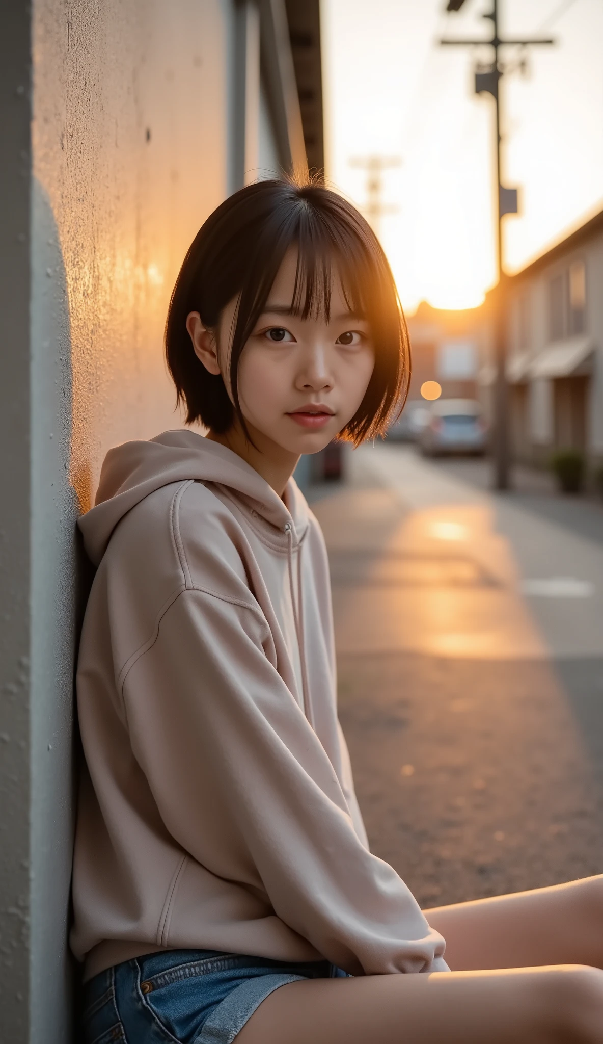(8k), (best quality), RAW photo, (photo realistic:1.4), very detailed, cute, Very cute Japanese girl, without makeup, (very thin), ((short bob)) , bungs, kind smile, beautiful black hair shining golden in the setting sun, oversized hoodie, jeans shorts, Sitting with your back against a wall, Lonely, Narrow Back Alley, , electric pole and electric wire , is extremely fine, cinematic background with classy attire