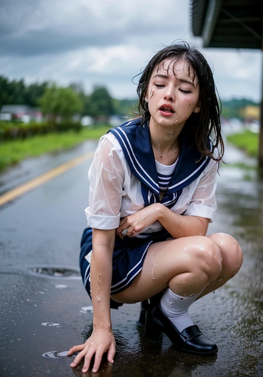 girl 13yo laying on the grass in the rain with a b/w magazine, perfect movie shot, raining outside, under rain, from a movie scene, rainy wet, after rain and no girls, rain!!!!, in the rain, rainy outside, very realistic film still, rainy day outside, rainy afternoon, raining!, iconic shot, carnal ) wet, in a rainy environment