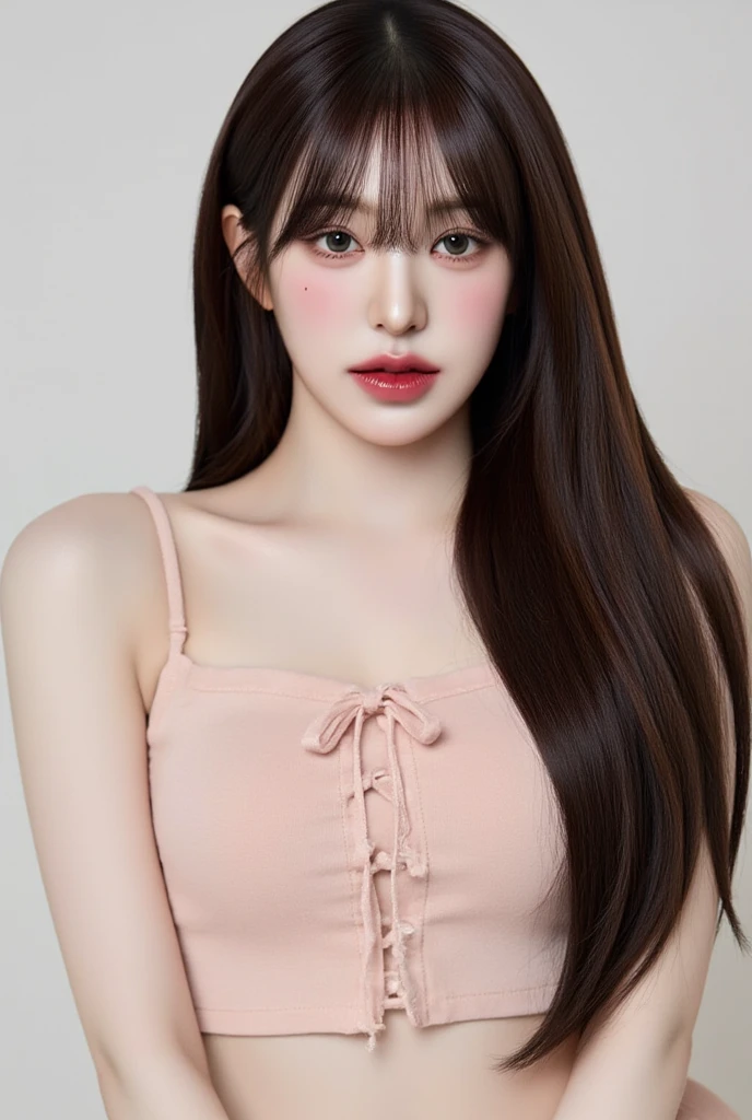 Kim Jennie with white brown hair, with curlers at the ends, with two bows on each side of the hair, all her white hair brown, with a star clip in her white brown hair, light colored eyes, beautiful eyes, crying eyes, beautiful, splash your nose, watery nose, beautifuls labios, pink lips, heart and cupid shaped lip, beautiful skin, pale, White skin, with moles and freckles all over his face, soft pink blush on cheeks, natural pink blush, soft pink makeup, Jennie, Nice neck, marked collar, frown, tender look, with a kiss necklace, a beautiful kiss necklace, similar a Yumeko Jabami, while wearing a transparent top, with brown miniskirt, while having a bare abdomen, Delgado, marked and beautiful, (big breasts, soft breasts, beautifuls pechos), while she cosplays the character Yumeko Jabami, The anime Kakegurui.., While he is with a good friend., looking to the camera