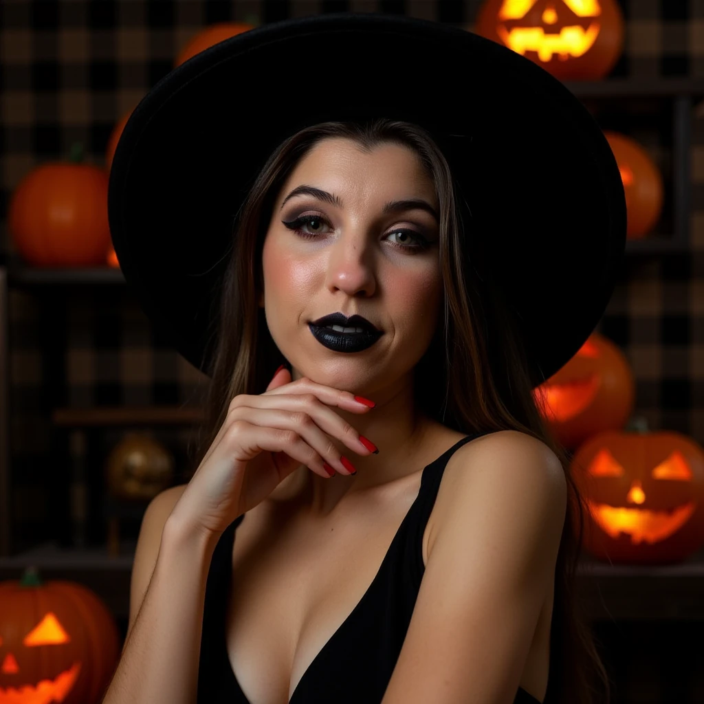 Inès from France, long twintails [bronze:.3] hair, cinematic photo witch hat,  halloween background, pumpkin outdoor <lora:LowRA:0.3> dark theme <lora:epiCRealismHelper:0.3> . 35mm photograph, film, bokeh, professional, 4k, highly detailed