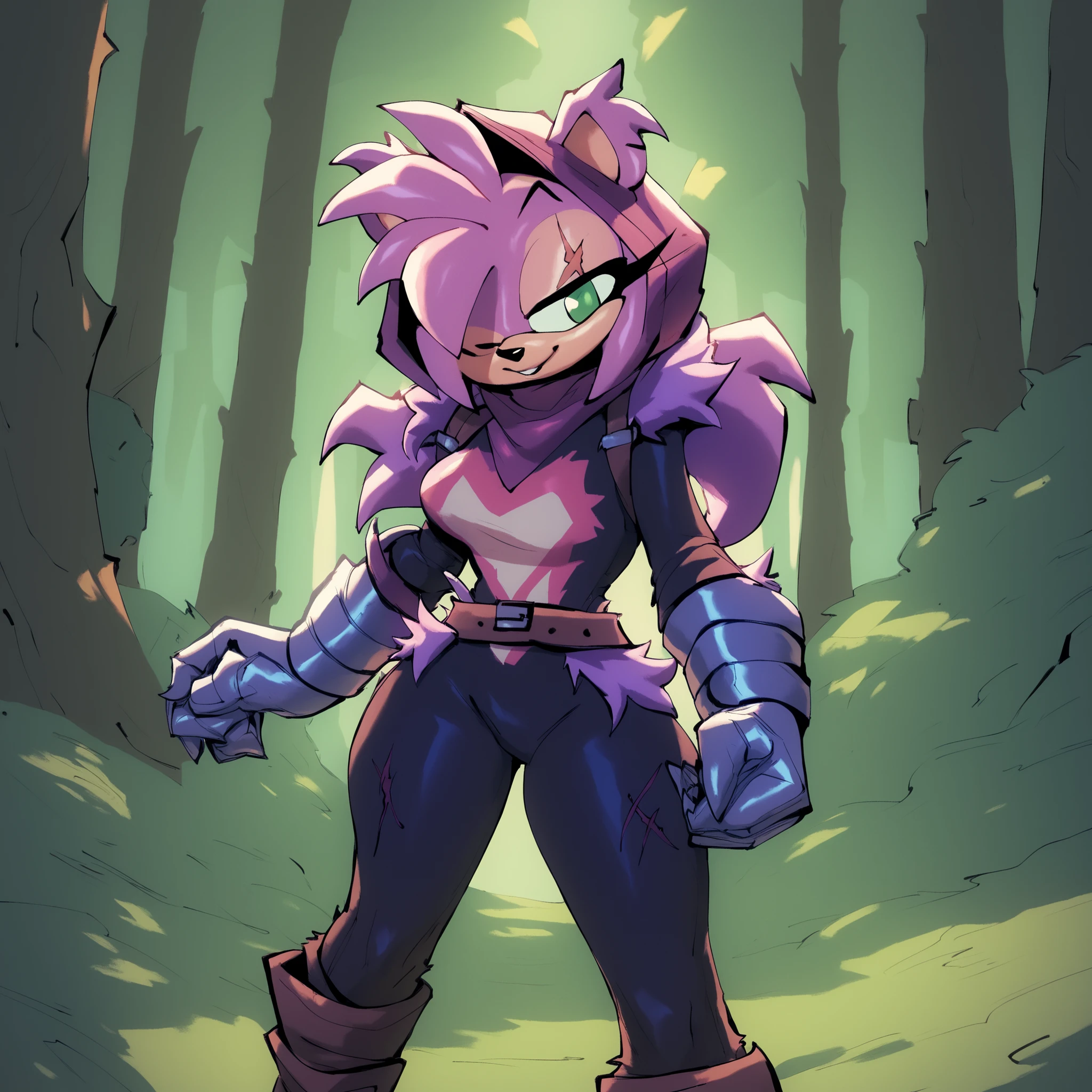 Amy Rose (Bigdad/character), female, (long hair), (long hair/quills), solo, outdoors, medium breasts, fuzzy fur, Amy dressed as Raven Team Leader, cosplay, purple hood, (furry), black body fur, bodysuit, purple fur, belt, straps, :3, torso symbol, metal gloves, forest, hair/quills sticking out of hood, small scar over one eye, alternate version of Amy