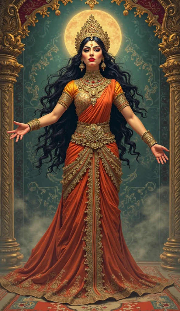 Create a full-body 4K image of Goddess Durga with a voluptuous figure with graceful curves, depicted from head to toe. She is adorned with traditional Indian ornaments, including a crown, necklaces, bangles, and anklets. She is wearing a beautifully draped saree in rich colors with intricate patterns and a full blouse. The setting should reflect her divine and powerful presence, with a soft glow around her and a background that complements her traditional attire.