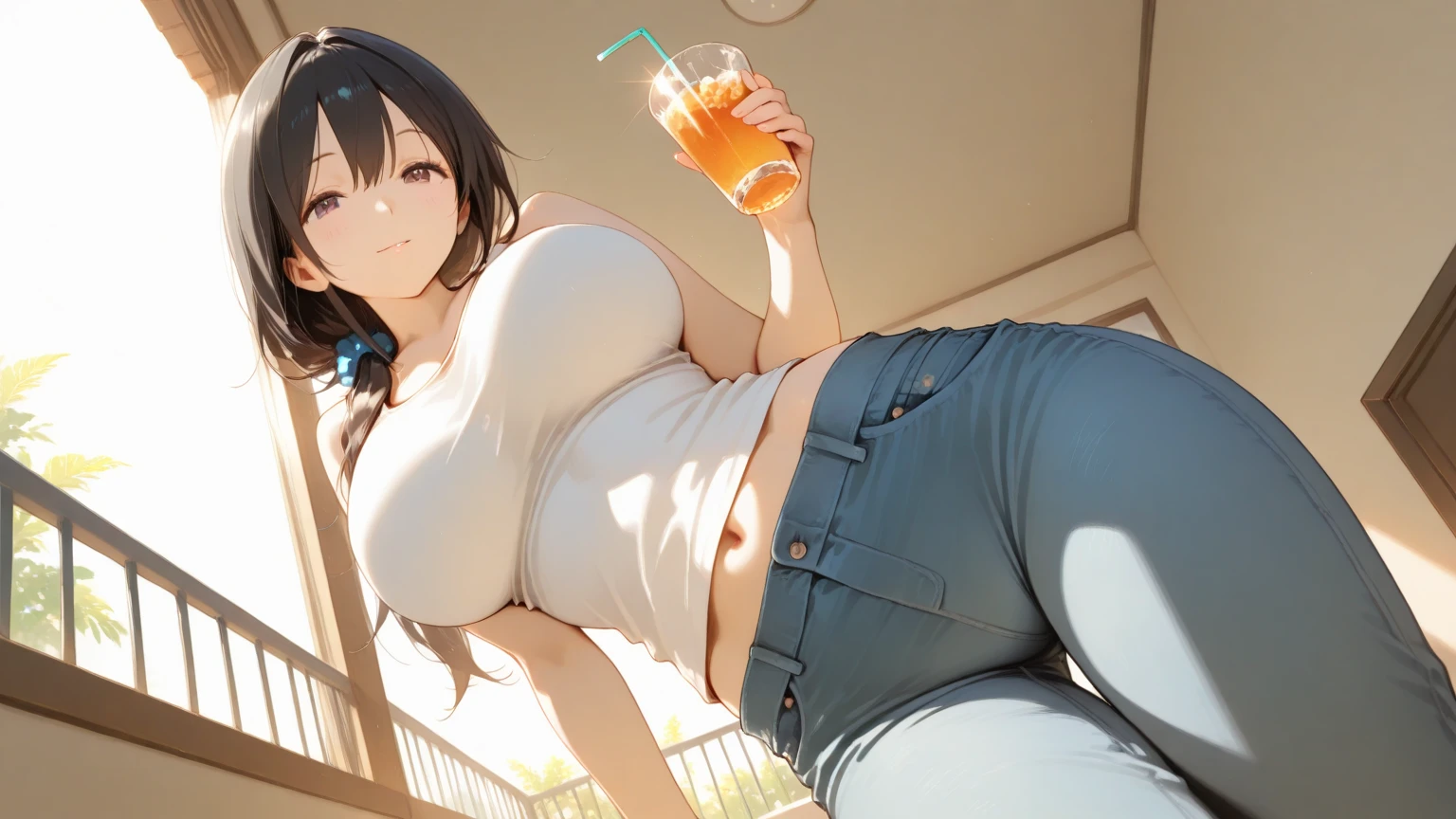 High resolution, high quality, One girl, Anime Girls,[[During pregnancy]], dark brown hair,long hair,twintails,dark brown eyes,heart shaped pupils, Large Breasts,beautiful breasts,long nipples, (Big Ass),beautiful ass,sweat,wet,Embarrassed,Tank Top,denim shorts,lower body,squatting,open legs,arms behind head,Groin tattoo,glowing tattoo,at cafe,(lemon juice),(orange juice),(Pineapple juice),(Mango juice),(water),