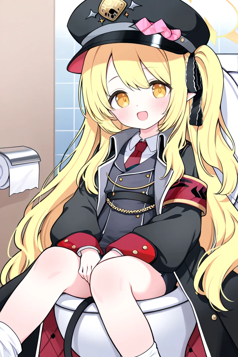 (masterpiece, best quality:1.2),illustration,8k,hd,1girl,solo,upper body,(portrait:1.2),small breasts, ((flat-chested:1.4),elf,pointy ears,very long hair,blond hair, skirt,bow,pleated skirt,white shirt,red bowtie,short sleeves,ponytail,blue skirt,bangs,hair ribbon,collared shirt,parted bangs,white thighhighs,blue hair bow,blue eyes, (summer sailor uniform, serafuku, red ribbon tie, naby pleated micro skirt, celeste string panties), (((sitting, squatting, spreading legs))), peeing, (peeing over panties)