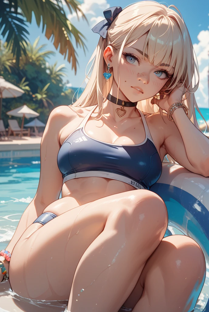 crawl on all fours、crawl on all fours、swimsuit、Cute Swimsuit、Random erotic poses、Light silver-brown hair、Semi-long hair、Blushing、lipstick、Perfect hands、Detailed hands、Poolサイド、Pool、one-piece swimsuit, strap slip、backwards、、backwards