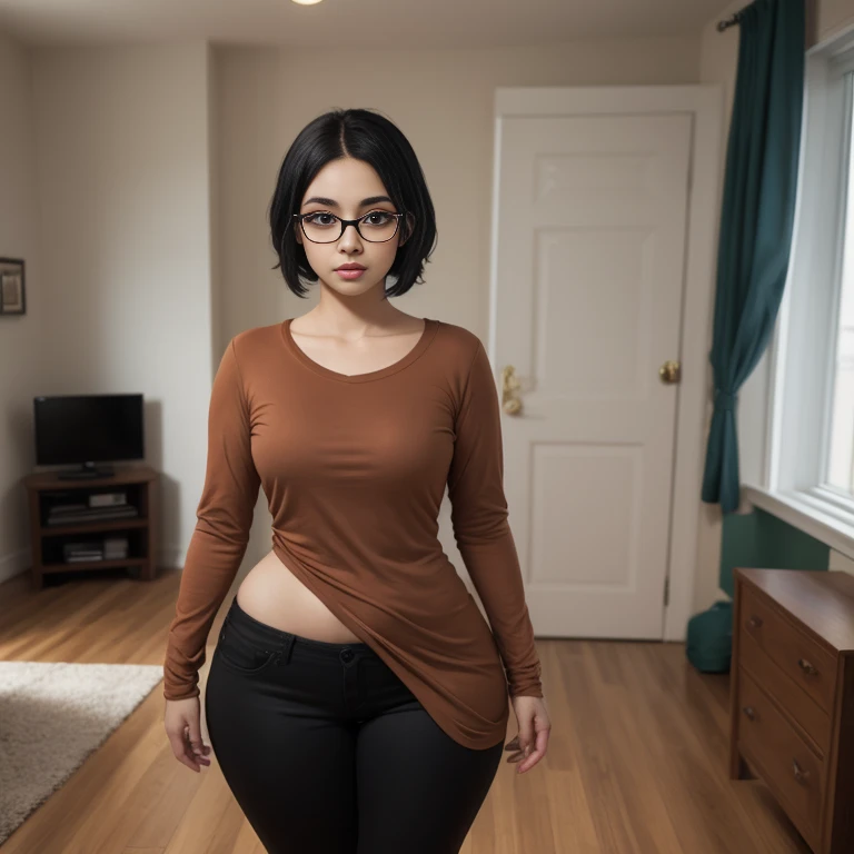 high quality, best quality, beautiful, perfect lighting, detailed face, mature face, ((1girl)), ((solo)), Imagine Ochaco Uraraka as an adult, 45 years old, MILF, plus sized milf, short brown hair, brown eyes, ((blush)), smile, looking at viewer, black leather pants, dark blue shirt, white heels, ((medium breasts)), wide hips, thick thighs, chubby, love handles, muffin-top, round belly, protruding gut, living room, hands on hips,