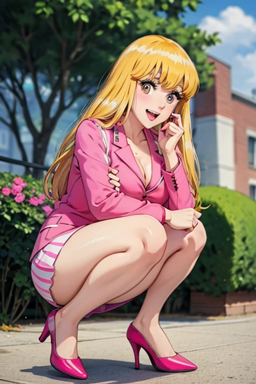 masterpiece, 1girl, solo,  blonde_hair,long_hair,bangs,(brown_eyes), large breast,Pink jacket,Pink pencil skirt,Deep cleavage, sitting, spread legs, from below,
looking at viewer, pov, front view, happy, pink high heels, smile,  <lora:Reiko_Katherine_Akimoto-KK77-V1:0.5>  pink panties, hotel royal suite, pink flowers, heart, pink roses,