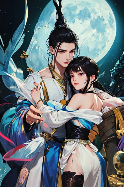 anime couple in front of a full moon with flying birds, concept art by Qu Leilei, trending on cg society, fantasy art, xianxia fantasy, chinese fantasy, zhao yun, full body wuxia, ruan jia and artgerm, g liulian art style, yiqiang and shurakrgt, high quality fantasy art