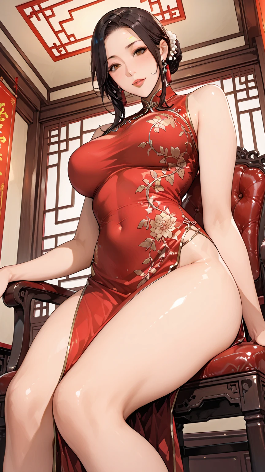 (NSFW), マイクロミニChina dressを着た中国人女性, (Lace Material, See-through), (((masterpiece:1.2))), ((Highest quality)), ((Intricately detailed)), ((Surreal)), Absurd resolution, Mature Woman, Mature Woman, perspective, Very detailed, figure, One girl, ((Large Breasts)), Perfect hands, Detailed fingers, Beautiful attention to detail, Updo, Brown eyes,(China dress:1.2), Earrings, Detailed Background, Perfect Eyes, Seductive eyes, Looking at the audience, from the front, ((Dynamic Pose:1.5)), (Leg spread:1.8), ((Underarm, Underarm)), ((Erotic pose:1.8))