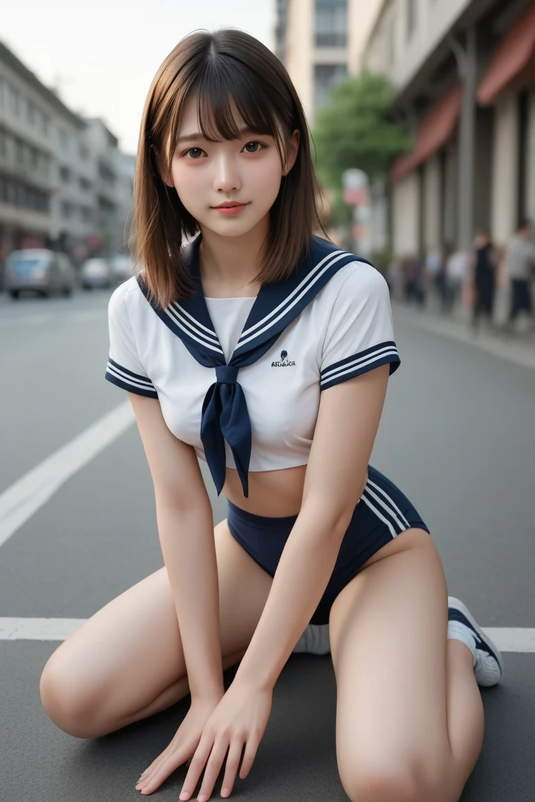 In 8K,Highest quality,The true picture,Intricate details,Ultra-high resolution,Depth Field,Masseter region,Natural soft light,Professional Lighting,1 Girl,(cute:1.2),Very beautiful 18 year old girl,Fine grain,((Brown eyes)),(Brown Hair),(Short-haired),(Skin without bangs,Glowing Skin,Pure white skin,Fine skin,Big and ample breasts,((Perfect ???????,Nice hands,Perfect hands,Five fingers connected to the palm))((Her panties slipped to the side、I can see her)).,,Perfect Bare Feet,Delicate legs,Perfect proportions,sexy,I can see your chest,((sailor uniform super mini skirt)),(tie),Black socks,Black leather shoes,Diving deep into the city,I can see your crotch,Showing your underwear on the street,Both legs are bent,(((Spread your legs wide in an M shape.,I can see your pussy))),Observe the audience、(((Big Breasts)))