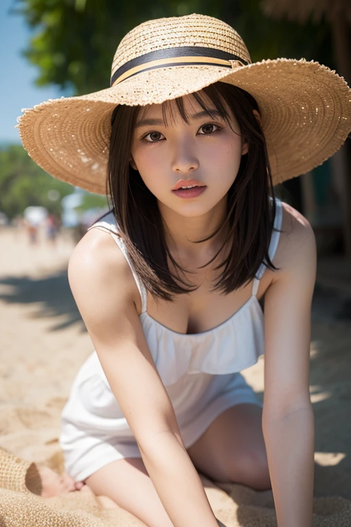 Posed like a gravure idol, dark hair, long, shiny, straw hat, one piece, masterpiece, top quality, super detailed, ultra detailed, 4K, 8K, ((clearly drawn face)), ((beautifully detailed eyes, super detailed skin)))