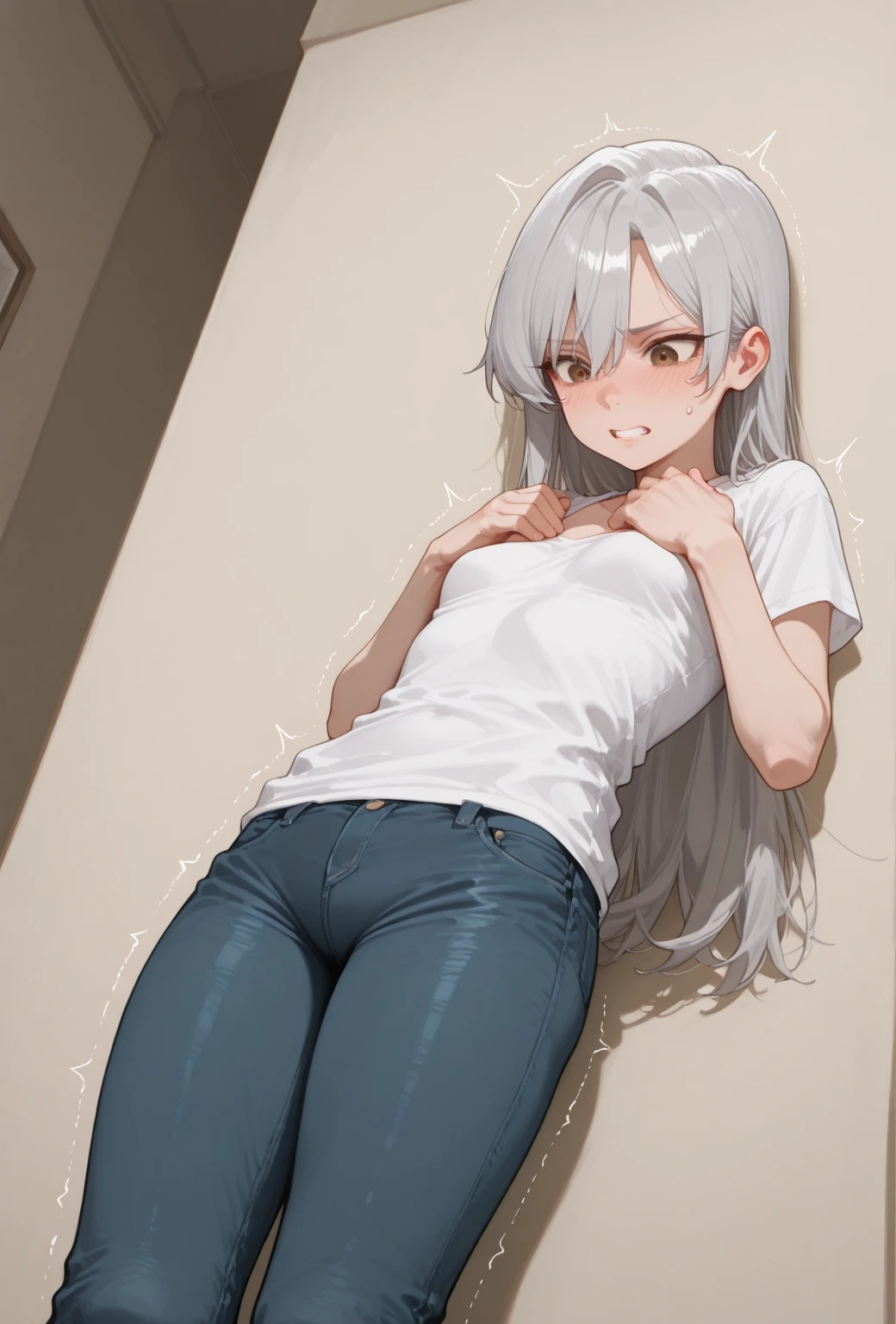 nsfw,beautiful girl,Anime Face,older sister,Gray Hair,ponytail,steam,(low quality,worst quality:1.4),extra limbs,missing limb,extra digit,fewer digit,missing digit,missing finger,fused fingers,mutated hands and fingers,1girl,sweat,white t-shirt, ,take off,Jeans,Open legs wide,embarrassed,Open legs wide,sitting with one's back turne ,open vagina,brown vagina,on the bed,pussy juice,female masturbation