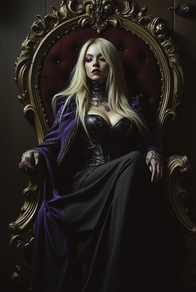 blond woman with a crown sitting on a bed next to a skull, black latex dress, scary queen of death, queen of death, goddess of death, dark goth queen with blue eyes, with a crown of skulls, wearing gothic accessories, gothic maiden, gothic princess portrait, beautiful witch spooky female, adorned with demon skulls, beautiful vampire female queen, gothic maiden of the dark