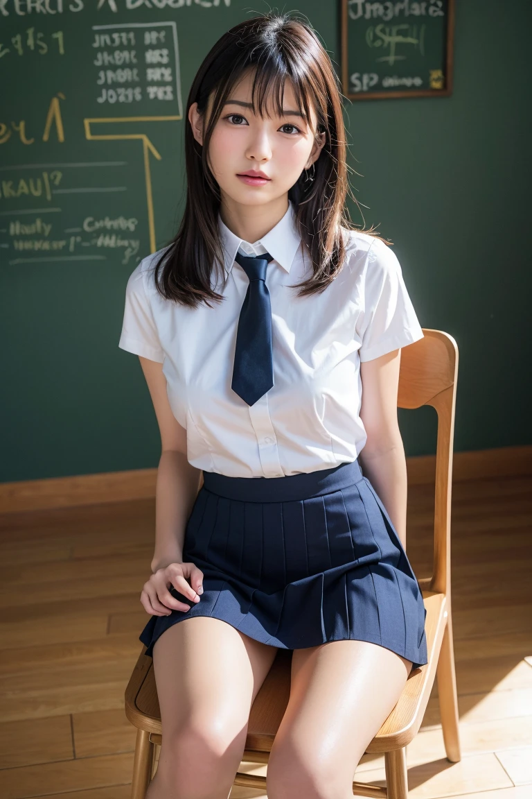Korean school uniform, summer school uniform shirt, ribbon tie, skirt, school, classroom, school stairs, chest thrusting pose, 8K RAW photo, high resolution, cool Korean at 20 years old, very big round breasts, beautiful eyes in detail, long eyelashes, beautiful double eyelids, eyeshadow, eyeliner, slender eyes, elongated eye shape, Sanpaku eyes, evil smile, beautiful thin legs, beautiful thin thighs, Random short hair, hair tied at the back of the head, earrings, light brown hair