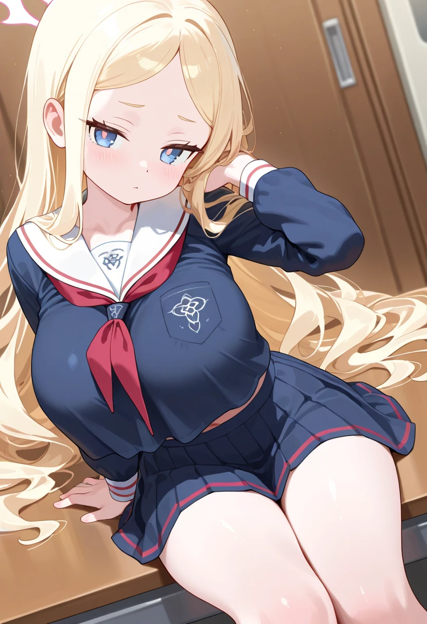 master piece, high quality (flat_color, anime,black_outlines:1.1),1girl,sitting on the bed,pale skin,,white hair,low twintails,hair ober one eye,grin,scowl,large breasts,sailor uniform,pantie focus,from below,