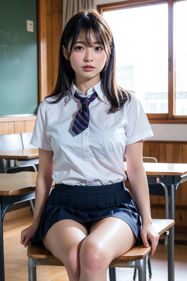 1girl,23yo.strawberry print panties ,.classroom brown eyes, brown hair, cardigan, female pubic hair, full body, gyaru, hair ribbon, lips, loafers, long hair, looking at viewer, panties, plaid, plaid skirt, realistic, red ribbon, , shirt, short sleeves, simple background, sitting, skirt, skirt lift, smile, solo, spls, standing, striped, white neckerchief, white shirt.