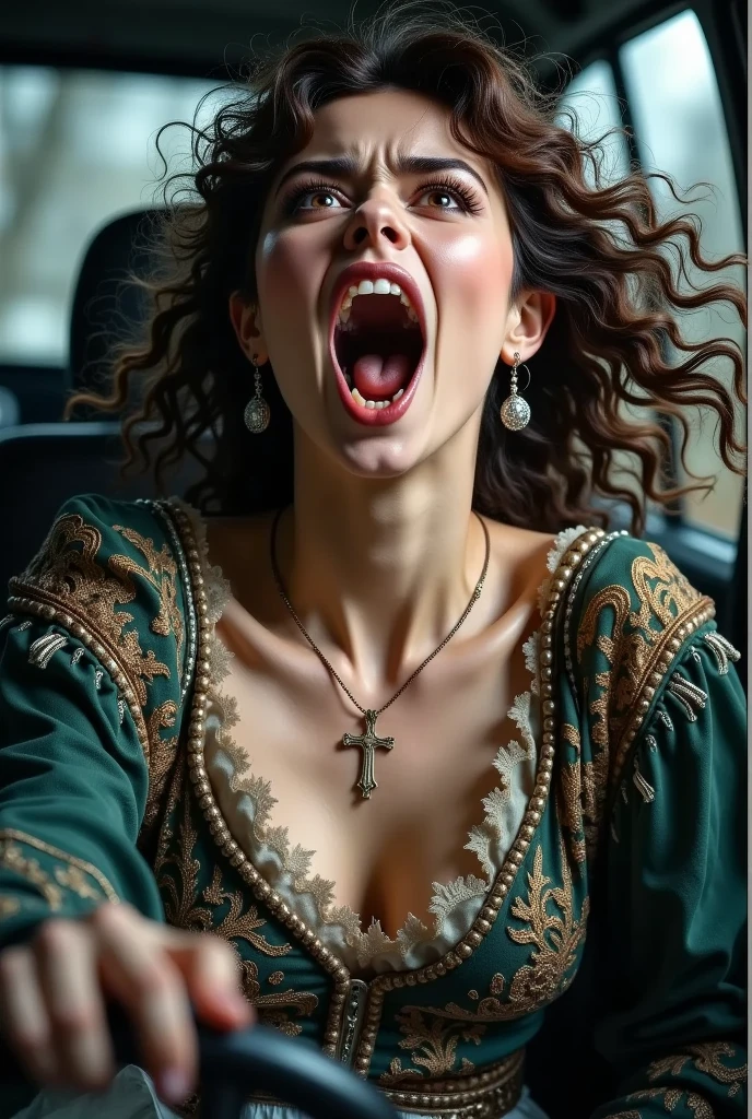 A medieval female actress. A mouth bared in anger. Big dark eyes. Long hair. The blue robe is open at the chest. The chest is bare. A necklace with rubies is around her neck. She has a letter in her hand. She's in the dressing room.