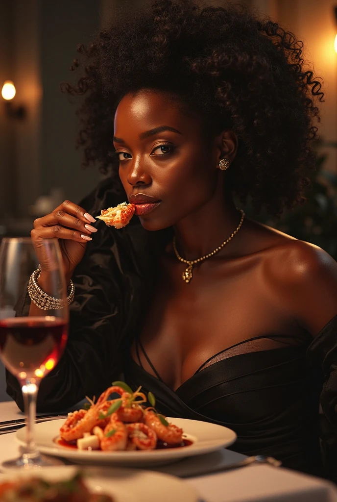 Beautiful ebony model, black long hair, very dark black skin, eating during night in a luxury restaurant, red dress 