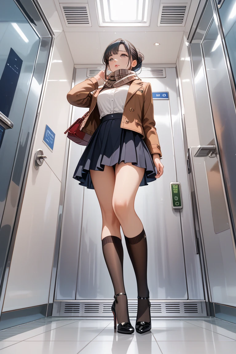 caucasian woman, from below, standing, leaning back on door, reading book, looking at book, black hair with brown highlights, shy, concentrated expression, blushing. white hoodie, light tights, a short white skirt with a checkered pattern, white sneakers. underground-train, cameltoe. Background with audiences. Soft shading, detailed, casual, contemplative. translucent panties. volumetric lighting, foggy, glowing