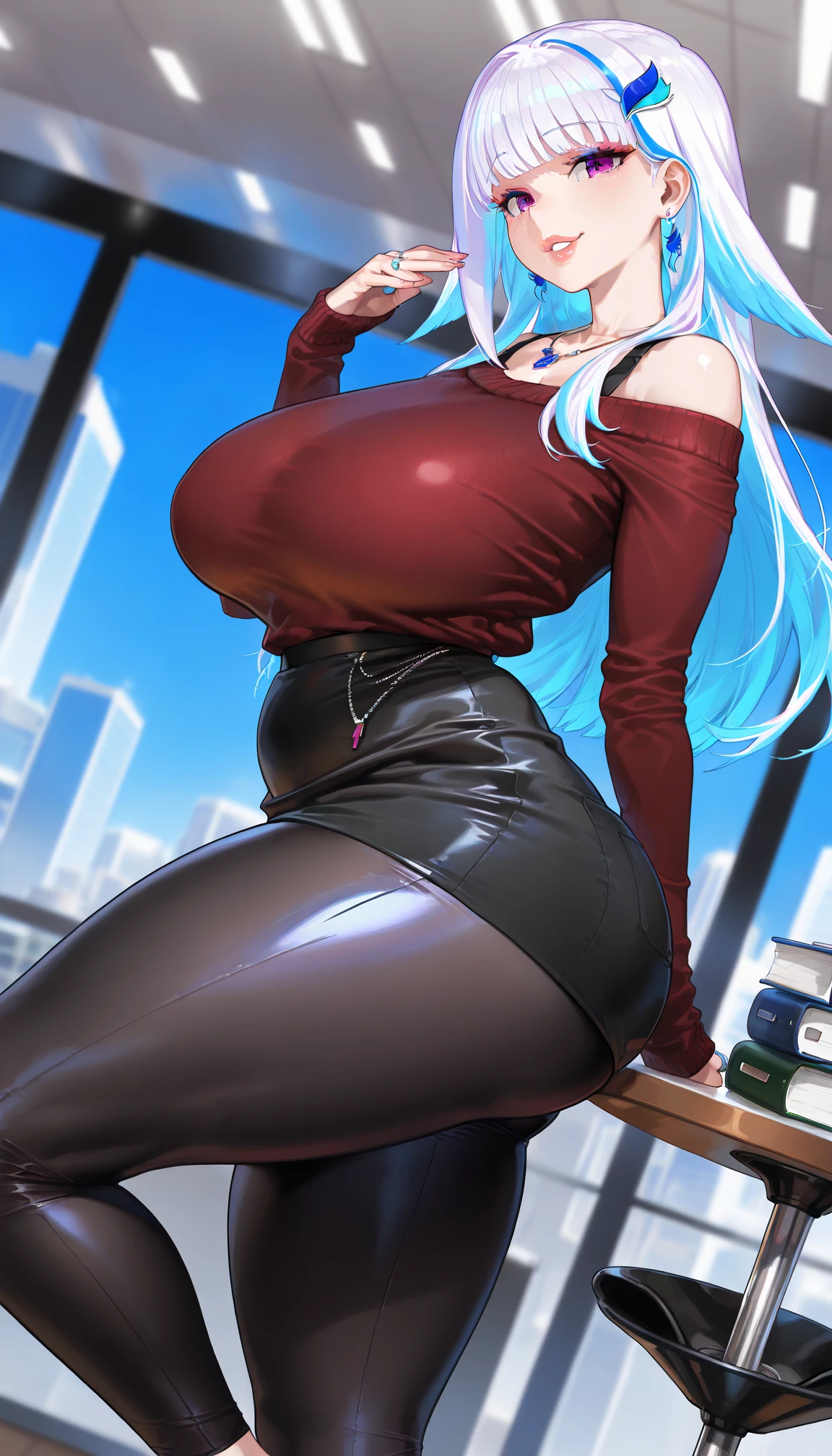 (masterpiece) (high Res), (robot), (Perfect face), (perfect anatomy) woman in super tight clothes, (office suit), (mini skirt), shirt, tie, blue glowing eyes, huge breast, narrow waist, wide hips, thick thighs, metal body, silver skin, silver hair, red lipstick, black high heels