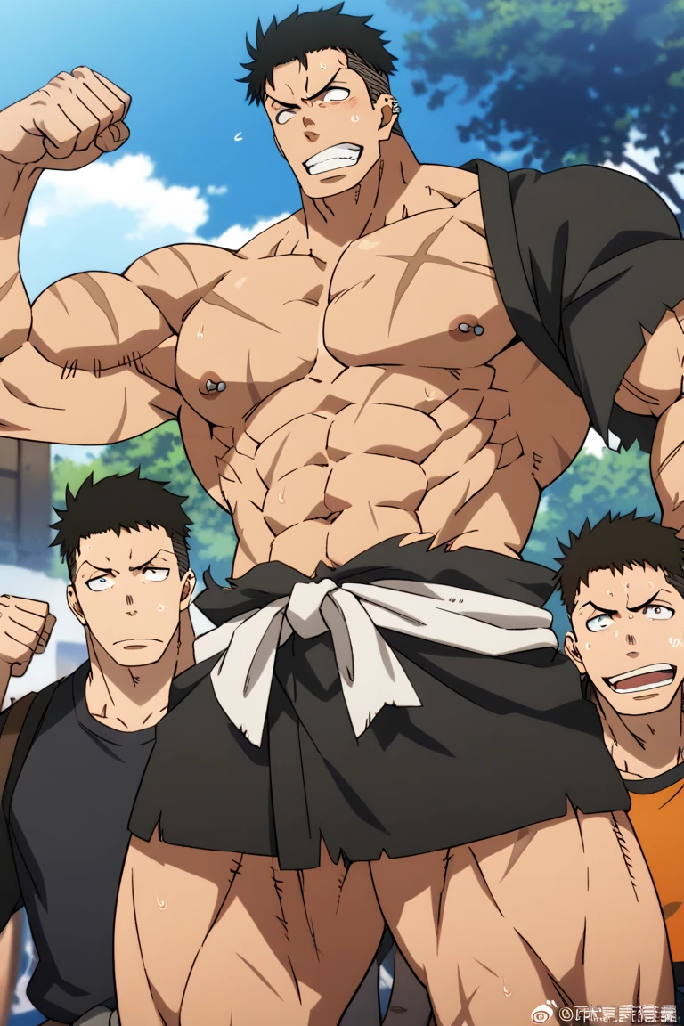 Kiritsugu is sitting and [flexing his biceps]. He wears [black boxershorts] and is shirtless. You can see his thighs. He looks stoic and serious. He has huge veins on his arms.