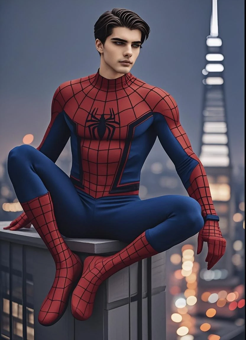 (masterpiece, best quality:1.2), solo, male focus, 1boy, expressionless, looking at viewer, squatting, short hair, (streaked hair:1.1), red eyes, spider suit, spider web print, spider web, rooftop