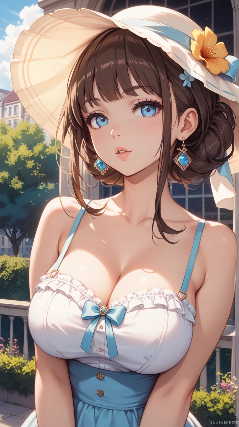 Fine quality illustrations, (Natural side light, theater lighting), looking at the audience, Upper Body, (1 girl:1.5), Lovely girl, Delicate and perfect face, Symmetrical Lovely face, shiny skin, baby face, Tie up your bangs, Black eyes, Long eyelashes, (Large Breasts), (Wide hips:1.3),plump thighs,beautiful hair, Pretty Face, Pretty and beautiful eyes, Beautiful clavicle, Beautiful Body, Beautiful breasts, Beautiful thighs, Beautiful Feet, beautiful fingers,(beautiful scenery),(Lovely), 16 year old girl,, (Fluffy semi-long hair,brown hair),,Cleavage,Extra large breasts,Silver clothes,milf,