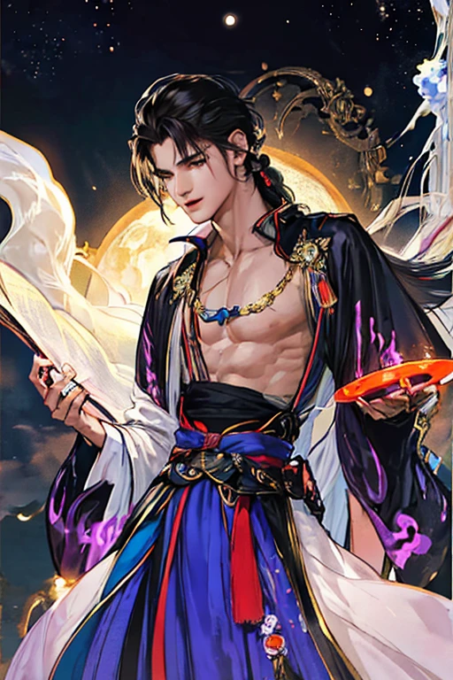 Handsome guy, 25 years old, Asian, master work, best picture quality, higher quality, high detail, super high resolution, 8k resolution, delicate facial features, boy, big muscles, tattoos, glowing eyes, short hair, hair details, [[Look away, look to the side, emphasize homosexuality and pay attention to every detail , open Hanfu transparent tulle jacket, white rubber pants, night, starry sky, flying flowers. Waterfalls, mountains, circling dragons, Chinese courtyard background (((((crotch bulge)))))