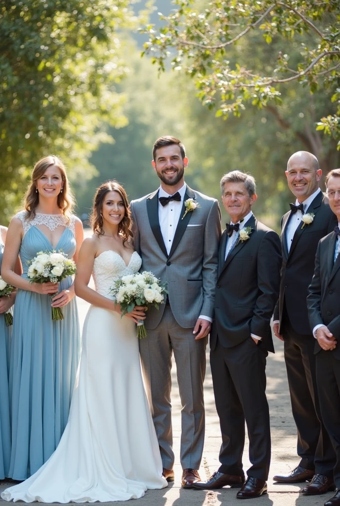 I want the fathers in light gray suits and the mothers in rust-colored dresses.. I want the bride in white and the groom in lead grey